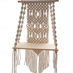 Macrame Wood Floating Shelves Handmade Woven Bohemian Wall Shelves Tapestry Cotton Woven Rope Hanging Shelves Decorative Storage Racks Holder Organizer Boho Decor For Home Bedroom Bathroom Plants