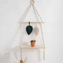 Macrame Wood Floating Shelves Handmade Woven Bohemian Wall Shelves Tapestry Cotton Woven Rope Hanging Shelves Decorative Storage Racks Holder Organizer Boho Decor For Home Bedroom Bathroom Plants