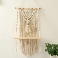 Macrame Wood Floating Shelves Handmade Woven Bohemian Wall Shelves Tapestry Cotton Woven Rope Hanging Shelves Decorative Storage Racks Holder Organizer Boho Decor For Home Bedroom Bathroom Plants