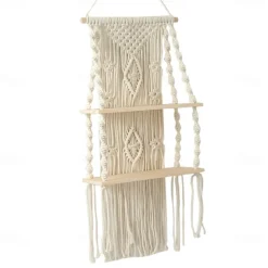 Macrame Wood Floating Shelves Handmade Woven Bohemian Wall Shelves Tapestry Cotton Woven Rope Hanging Shelves Decorative Storage Racks Holder Organizer Boho Decor For Home Bedroom Bathroom Plants