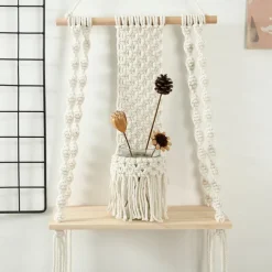 Macrame Wood Floating Shelves Handmade Woven Bohemian Wall Shelves Tapestry Cotton Woven Rope Hanging Shelves Decorative Storage Racks Holder Organizer Boho Decor For Home Bedroom Bathroom Plants