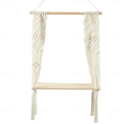 Macrame Wood Floating Shelves Handmade Woven Bohemian Wall Shelves Tapestry Cotton Woven Rope Hanging Shelves Decorative Storage Racks Holder Organizer Boho Decor For Home Bedroom Bathroom Plants