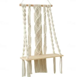 Macrame Wood Floating Shelves Handmade Woven Bohemian Wall Shelves Tapestry Cotton Woven Rope Hanging Shelves Decorative Storage Racks Holder Organizer Boho Decor For Home Bedroom Bathroom Plants