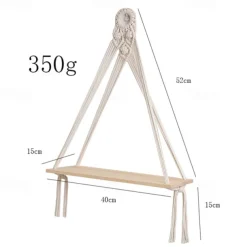 Macrame Wood Floating Shelves Handmade Woven Bohemian Wall Shelves Tapestry Cotton Woven Rope Hanging Shelves Decorative Storage Racks Holder Organizer Boho Decor For Home Bedroom Bathroom Plants