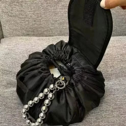 Magic Cosmetics Pouch Black Drawstring Cosmetic Bag for Women, Portable Waterproof Makeup Bag Organizer with Pearl Handle Chain, Travel Toiletry Beauty Case