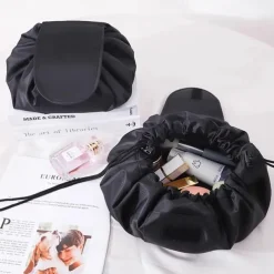 Magic Cosmetics Pouch Black Drawstring Cosmetic Bag for Women, Portable Waterproof Makeup Bag Organizer with Pearl Handle Chain, Travel Toiletry Beauty Case