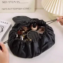 Magic Cosmetics Pouch Black Drawstring Cosmetic Bag for Women, Portable Waterproof Makeup Bag Organizer with Pearl Handle Chain, Travel Toiletry Beauty Case