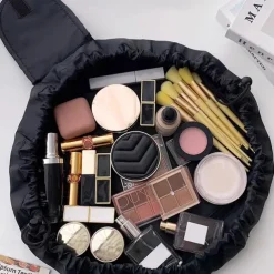 Magic Cosmetics Pouch Black Drawstring Cosmetic Bag for Women, Portable Waterproof Makeup Bag Organizer with Pearl Handle Chain, Travel Toiletry Beauty Case