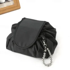 Magic Cosmetics Pouch Black Drawstring Cosmetic Bag for Women, Portable Waterproof Makeup Bag Organizer with Pearl Handle Chain, Travel Toiletry Beauty Case