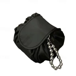 Magic Cosmetics Pouch Black Drawstring Cosmetic Bag for Women, Portable Waterproof Makeup Bag Organizer with Pearl Handle Chain, Travel Toiletry Beauty Case