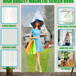 Magnetic Fly Screen Door,Heavy Duty Bug Curtain Full Frame, Keep Bugs Out Lets Fresh Air in Without Drilling