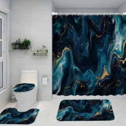 Marble Pattern Shower Curtain Set, 4-Piece Abstract Design, Waterproof Polyester with Non-Slip Bathroom Mat, Toilet Lid Cover, Rug, Includes 12 Hooks for Bathroom Decor