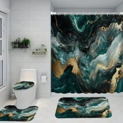 Marble Pattern Shower Curtain Set, 4-Piece Abstract Design, Waterproof Polyester with Non-Slip Bathroom Mat, Toilet Lid Cover, Rug, Includes 12 Hooks for Bathroom Decor