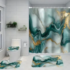 Marble Pattern Shower Curtain Set, 4-Piece Abstract Design, Waterproof Polyester with Non-Slip Bathroom Mat, Toilet Lid Cover, Rug, Includes 12 Hooks for Bathroom Decor