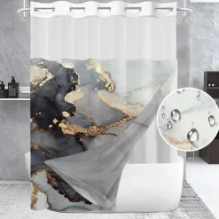 Marble Waffle-Weave Textured Shower Curtain Set with Snap-in Liner Sheer Window Water-Repellent Polyester, Grommet Top, 120GSM Hotel Quality Spa Style Bathroom Partition No Hooks Required