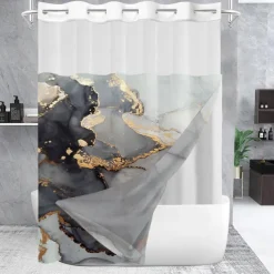 Marble Waffle-Weave Textured Shower Curtain Set with Snap-in Liner Sheer Window Water-Repellent Polyester, Grommet Top, 120GSM Hotel Quality Spa Style Bathroom Partition No Hooks Required