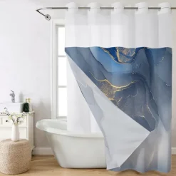 Marble Waffle-Weave Textured Shower Curtain Set with Snap-in Liner Sheer Window Water-Repellent Polyester, Grommet Top, 120GSM Hotel Quality Spa Style Bathroom Partition No Hooks Required