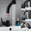 Matte Black Bathroom Basin Faucet Pull Out Spout Rotatable Liftable Body Deck Mounted Hot and Cold Water Mixer Tap