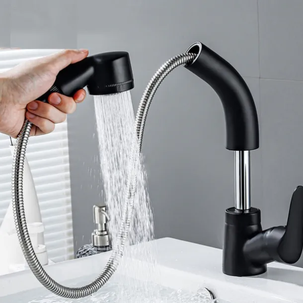 Matte Black Bathroom Basin Faucet Pull Out Spout Rotatable Liftable Body Deck Mounted Hot and Cold Water Mixer Tap