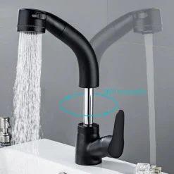 Matte Black Bathroom Basin Faucet Pull Out Spout Rotatable Liftable Body Deck Mounted Hot and Cold Water Mixer Tap