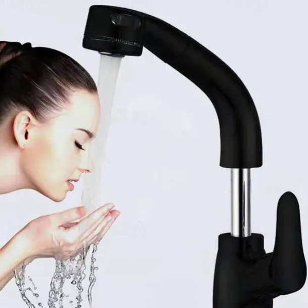 Matte Black Bathroom Basin Faucet Pull Out Spout Rotatable Liftable Body Deck Mounted Hot and Cold Water Mixer Tap