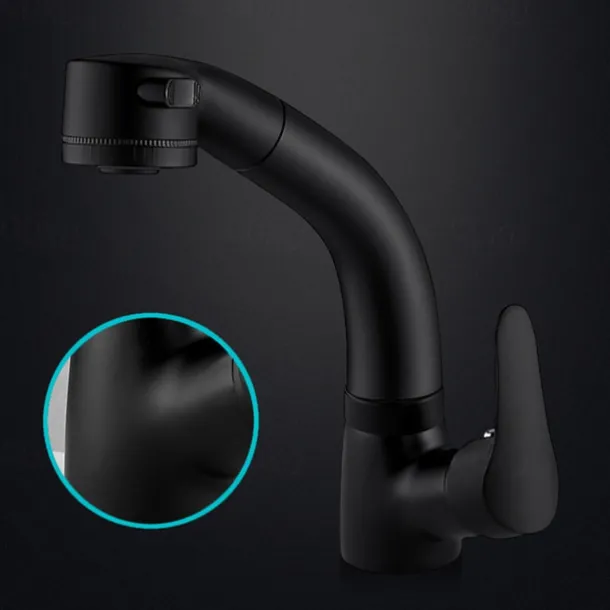 Matte Black Bathroom Basin Faucet Pull Out Spout Rotatable Liftable Body Deck Mounted Hot and Cold Water Mixer Tap