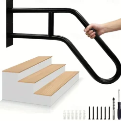 Matte Black Modern U-shaped 1pc Metal Handrail For Outdoor Steps, Wall-Mounted Safety Staircase Grab Rail, Modern Entryway Railing, With Plate Thickness And Installation Hardware