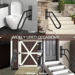 Matte Black Modern U-shaped 1pc Metal Handrail For Outdoor Steps, Wall-Mounted Safety Staircase Grab Rail, Modern Entryway Railing, With Plate Thickness And Installation Hardware