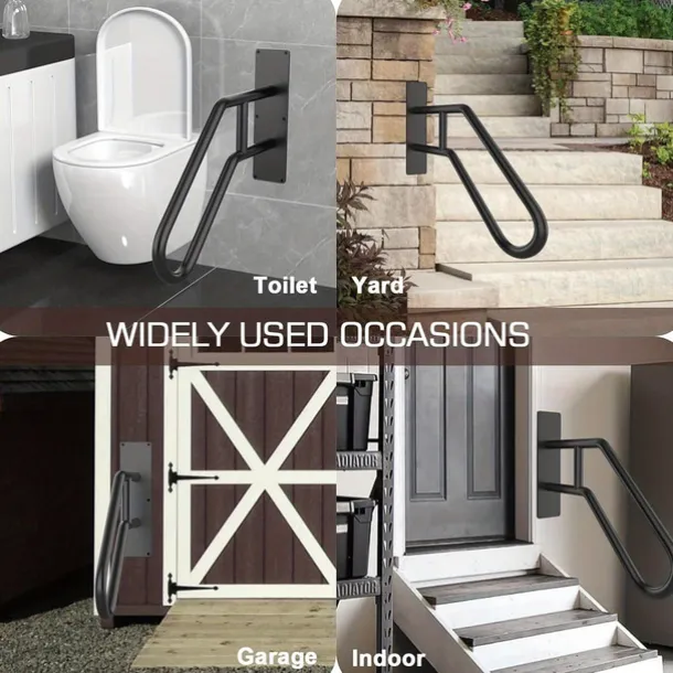 Matte Black Modern U-shaped 1pc Metal Handrail For Outdoor Steps, Wall-Mounted Safety Staircase Grab Rail, Modern Entryway Railing, With Plate Thickness And Installation Hardware