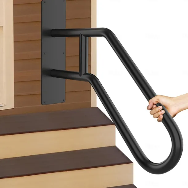 Matte Black Modern U-shaped 1pc Metal Handrail For Outdoor Steps, Wall-Mounted Safety Staircase Grab Rail, Modern Entryway Railing, With Plate Thickness And Installation Hardware