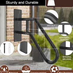 Matte Black Modern U-shaped 1pc Metal Handrail For Outdoor Steps, Wall-Mounted Safety Staircase Grab Rail, Modern Entryway Railing, With Plate Thickness And Installation Hardware