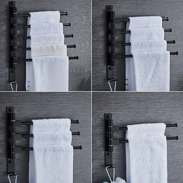 Matte Black Towel Bar with Hook,Self Adhesive Wall Mounted Swing Arm Contemporary Aluminum Multi Rods Towel Bar 1PC