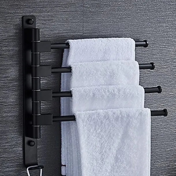 Matte Black Towel Bar with Hook,Self Adhesive Wall Mounted Swing Arm Contemporary Aluminum Multi Rods Towel Bar 1PC