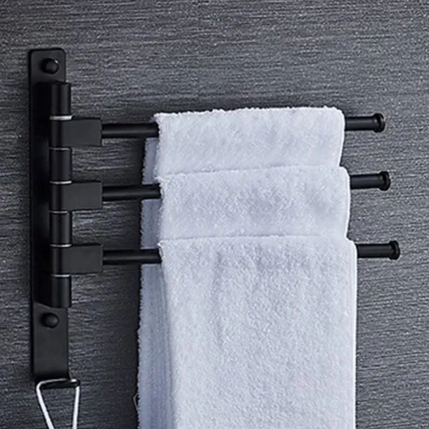 Matte Black Towel Bar with Hook,Self Adhesive Wall Mounted Swing Arm Contemporary Aluminum Multi Rods Towel Bar 1PC