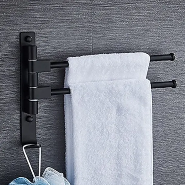 Matte Black Towel Bar with Hook,Self Adhesive Wall Mounted Swing Arm Contemporary Aluminum Multi Rods Towel Bar 1PC