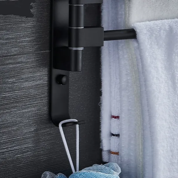 Matte Black Towel Bar with Hook,Self Adhesive Wall Mounted Swing Arm Contemporary Aluminum Multi Rods Towel Bar 1PC