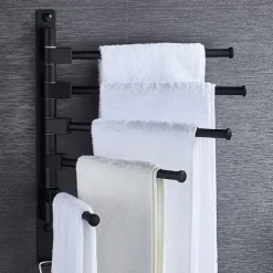 Matte Black Towel Bar with Hook,Self Adhesive Wall Mounted Swing Arm Contemporary Aluminum Multi Rods Towel Bar 1PC