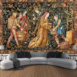 Medieval Painting Tapestry Middle Age Tapestry Grape Harving Wall Art Large Tapestry Mural Decor Photograph Backdrop Blanket Curtain Home Bedroom Living Room Decoration