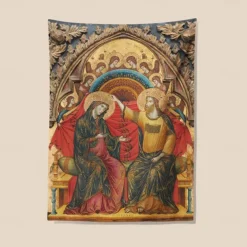 Medieval Tapestry Middle Age Tapestry Byzantine Art Large Tapestry Mural Decor Photograph Backdrop Home Bedroom Living Room Madonna of Humility, The Blessing Christ, Two Angels, and a Donor