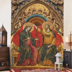 Medieval Tapestry Middle Age Tapestry Byzantine Art Large Tapestry Mural Decor Photograph Backdrop Home Bedroom Living Room Madonna of Humility, The Blessing Christ, Two Angels, and a Donor