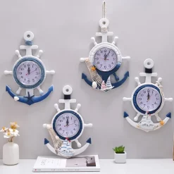 Mediterranean Style Blue and White Rudder Helmsman Anchor Personalized Wall Clock Clock Electronic Watch Decoration Navigation Clock Office Home Ocean Theme Wall Hanging