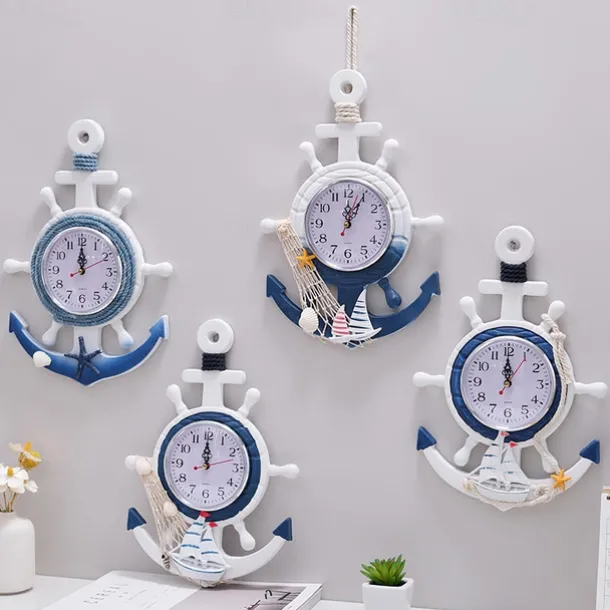 Mediterranean Style Blue and White Rudder Helmsman Anchor Personalized Wall Clock Clock Electronic Watch Decoration Navigation Clock Office Home Ocean Theme Wall Hanging