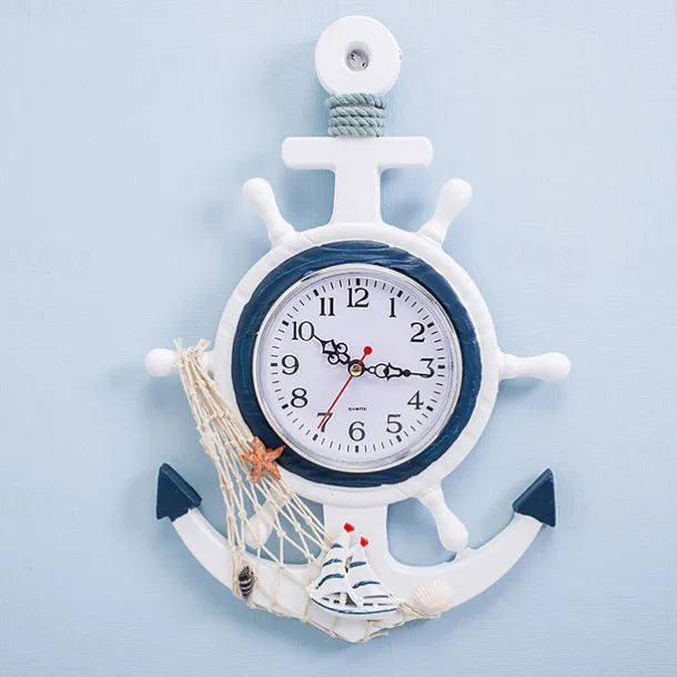 Mediterranean Style Blue and White Rudder Helmsman Anchor Personalized Wall Clock Clock Electronic Watch Decoration Navigation Clock Office Home Ocean Theme Wall Hanging