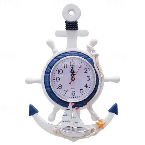 Mediterranean Style Blue and White Rudder Helmsman Anchor Personalized Wall Clock Clock Electronic Watch Decoration Navigation Clock Office Home Ocean Theme Wall Hanging