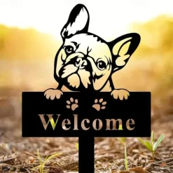 Metal Cat & Butterfly Yard Iron Art Insert French Bulldog Yard Garden Stakes Welcome Yard Sign. French Bulldog Decor