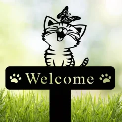 Metal Cat & Butterfly Yard Iron Art Insert French Bulldog Yard Garden Stakes Welcome Yard Sign. French Bulldog Decor