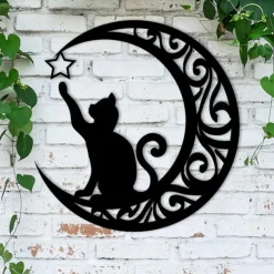 Metal cat and Moon Wall Decoration, Cat Art Silhouette Decor Cat and Moon Metal Wall Art Decoration, 3D Cat Sculpture Retro Metal Cut Out Design Plaque Crafts