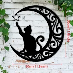 Metal cat and Moon Wall Decoration, Cat Art Silhouette Decor Cat and Moon Metal Wall Art Decoration, 3D Cat Sculpture Retro Metal Cut Out Design Plaque Crafts
