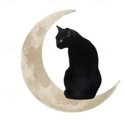 Metal cat and Moon Wall Decoration, Cat Art Silhouette Decor Cat and Moon Metal Wall Art Decoration, 3D Cat Sculpture Retro Metal Cut Out Design Plaque Crafts