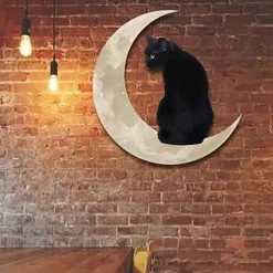 Metal cat and Moon Wall Decoration, Cat Art Silhouette Decor Cat and Moon Metal Wall Art Decoration, 3D Cat Sculpture Retro Metal Cut Out Design Plaque Crafts